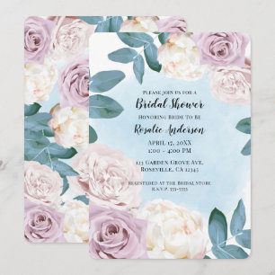 Watercolor Floral Dusty Rose Ivory Blue Bridal Invitation