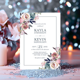 Watercolor Floral Dusty Rose Mauve Navy Blue Invitation