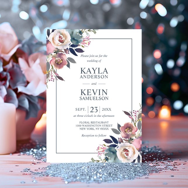 Watercolor Floral Dusty Rose Mauve Navy Blue Invitation (Watercolor Floral Dusty Rose Mauve Navy Blue Invitation)