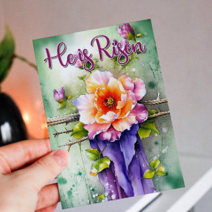 Watercolor Floral Easter Cross He is Risen Holiday Card