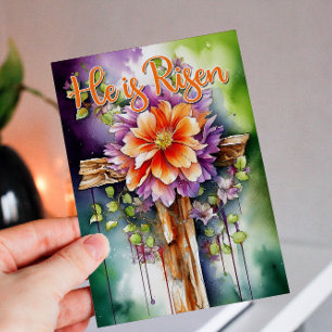 Watercolor Floral Easter Cross He is Risen Holiday Card