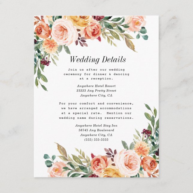 Watercolor Floral Elegant Blush Burgundy Wedding Enclosure Card (Front)