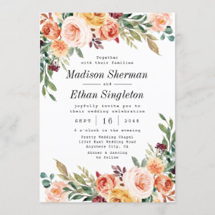 Watercolor Floral Elegant Blush Burgundy Wedding Invitation