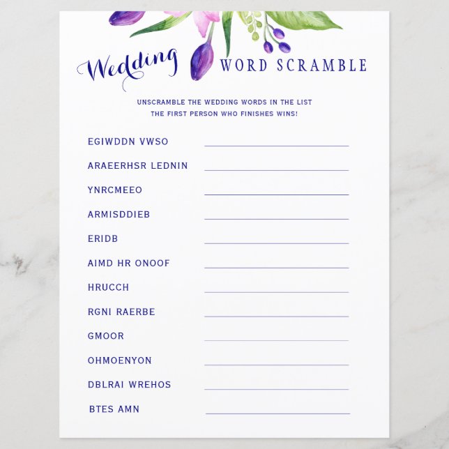 Watercolor floral elegant bridal shower fun game (Front)