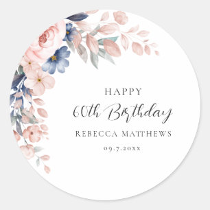 Watercolor Floral Elegant Script 60th Birthday Classic Round Sticker