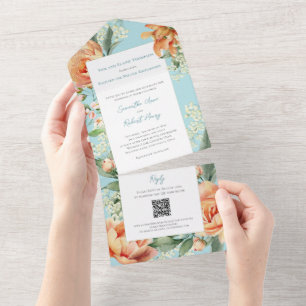 Watercolor Floral Elegant Wedding Blue All In One Invitation