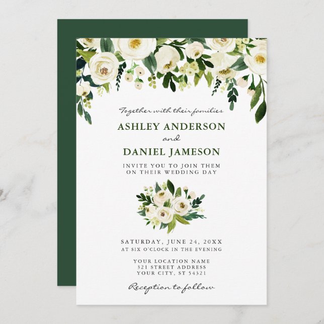 Watercolor Floral Elegant Wedding Green Invitation (Front/Back)