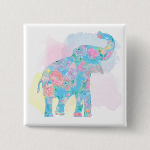 watercolor floral elephant 15 cm square badge