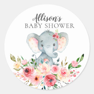 Watercolor Floral Elephant Baby Shower Classic Round Sticker