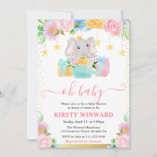 Watercolor Floral Elephant Baby Shower Invitation