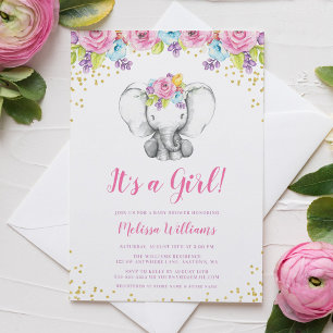 Watercolor Floral Elephant Baby Shower Invitations