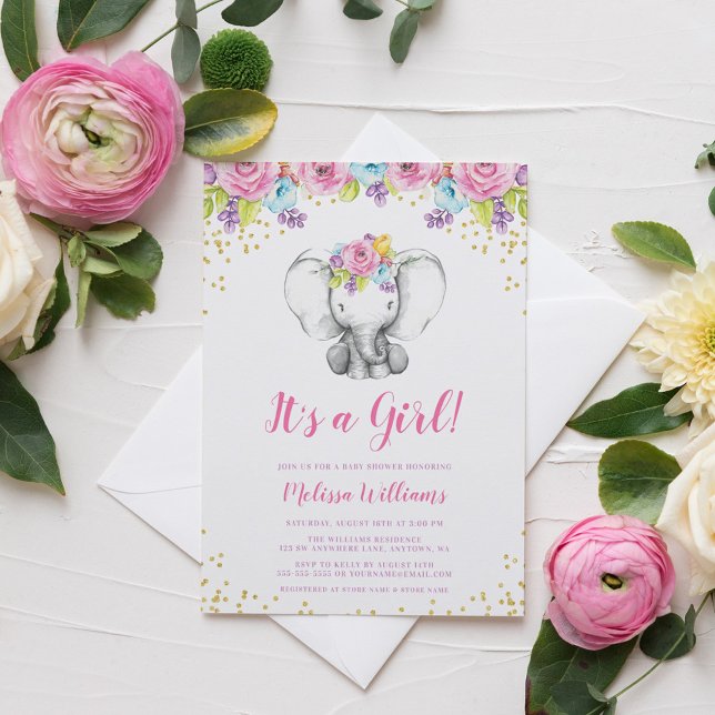 Watercolor Floral Elephant Baby Shower Invitations (Creator Uploaded)