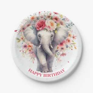 Watercolor Floral Elephant Birthday Paper Plate