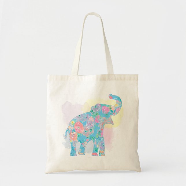 watercolor floral elephant tote bag (Front)