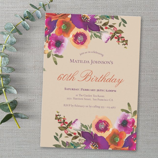 Watercolor Floral Fall 60th Birthday Invitation (Watercolor Floral Fall 60th Birthday Invitation)