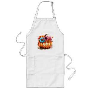 Watercolor Floral Fall Pumpkin Long Apron