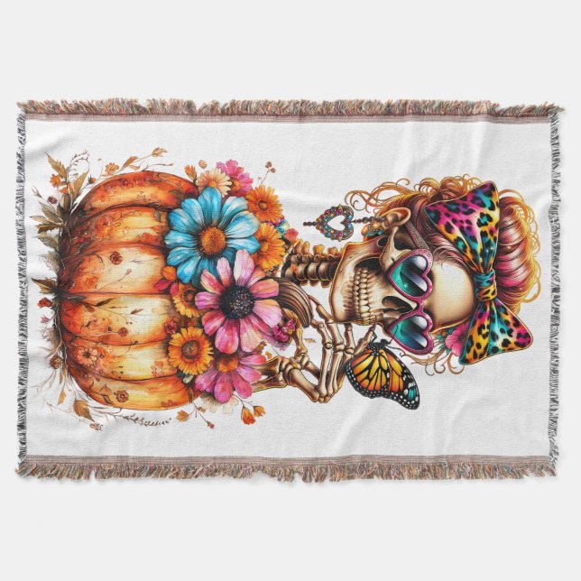 Watercolor Floral Fall Pumpkin Throw Blanket (Front)
