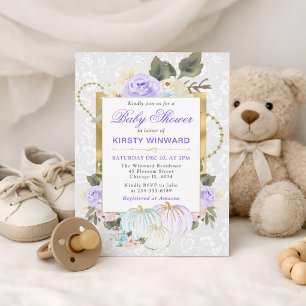 Watercolor Floral Fall Pumpkins Baby Shower Invitation