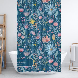 Watercolor floral family name personalised blue shower curtain