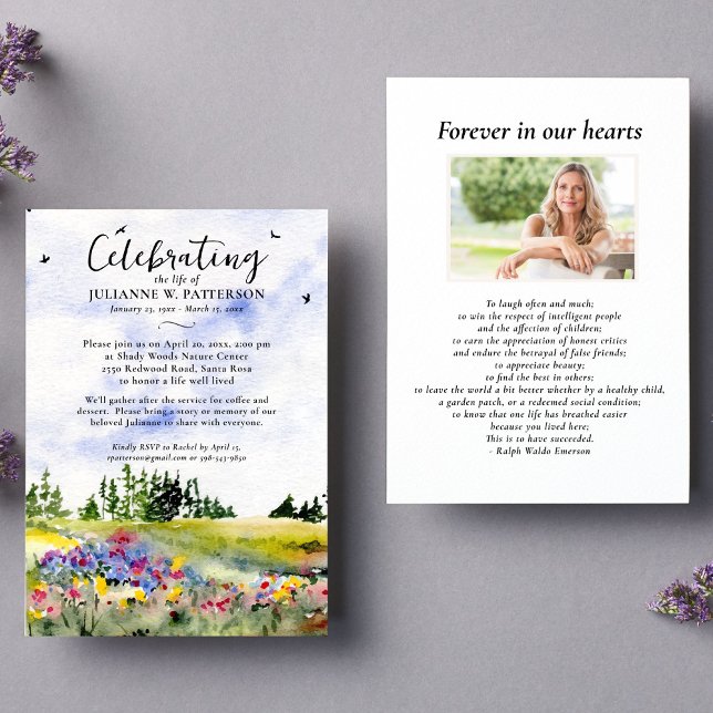 Watercolor Floral Field Celebration of Life Photo Invitation (Creator Uploaded)