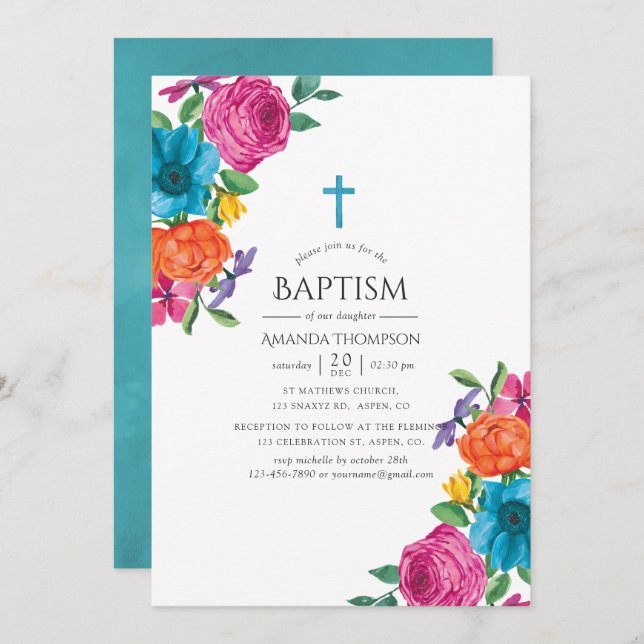 Watercolor Floral Fiesta Baptism Invitation (Front/Back)