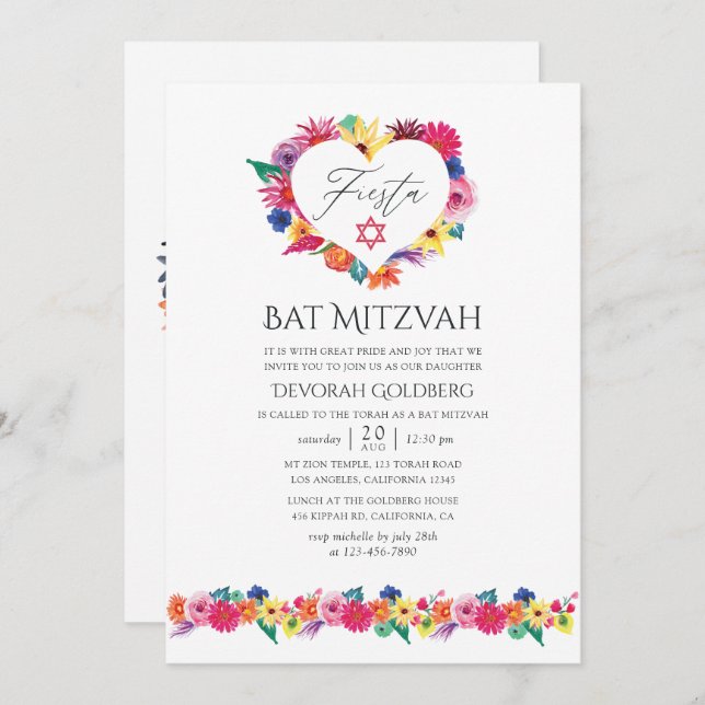 Watercolor Floral Fiesta Bat Mitzvah Invitation (Front/Back)