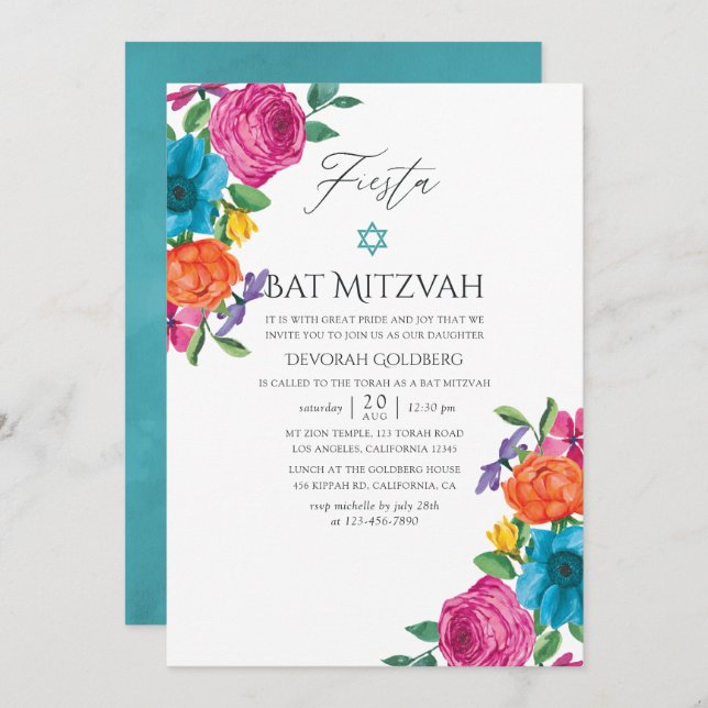 Watercolor Floral Fiesta Bat Mitzvah Invitation (Front/Back)