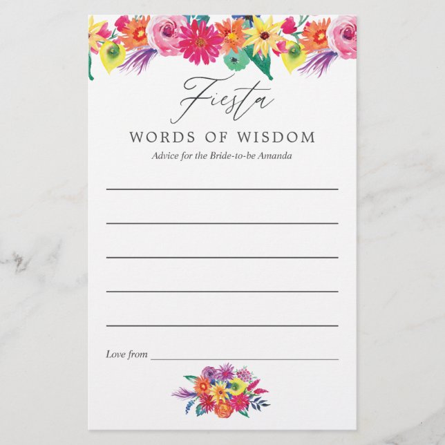 Watercolor Floral Fiesta Bridal Shower Advice (Front)