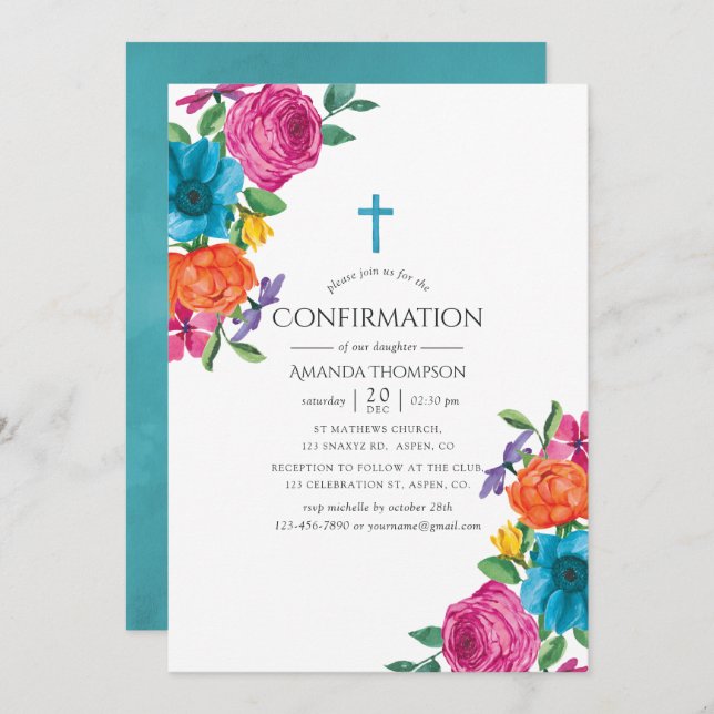 Watercolor Floral Fiesta Confirmation Invitation (Front/Back)
