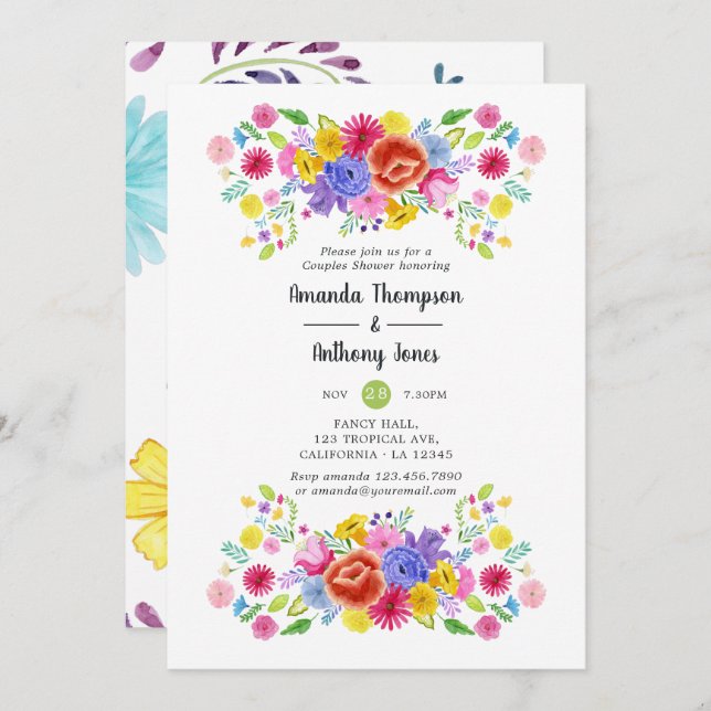 Watercolor Floral Fiesta Couples Shower Invitation (Front/Back)