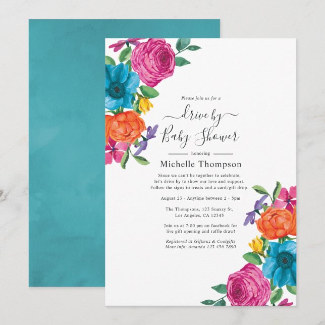 Watercolor Floral Fiesta Drive By Shower Invitation (Front/Back)