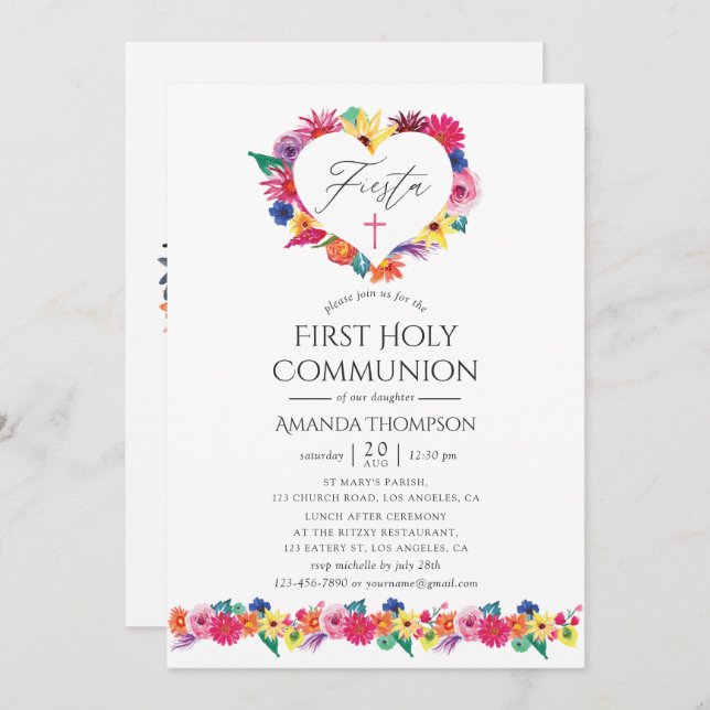 Watercolor Floral Fiesta First Holy Communion Invitation (Front/Back)