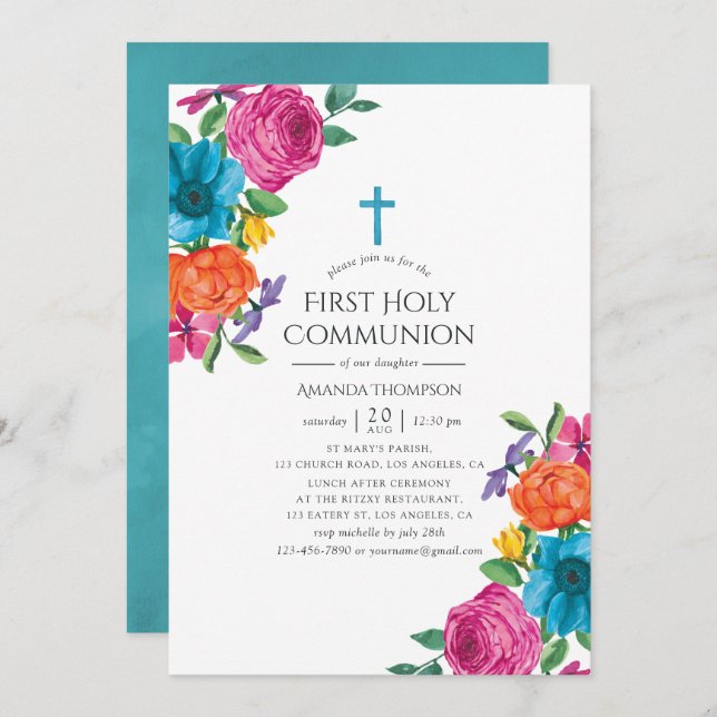 Watercolor Floral Fiesta First Holy Communion Invitation (Front/Back)