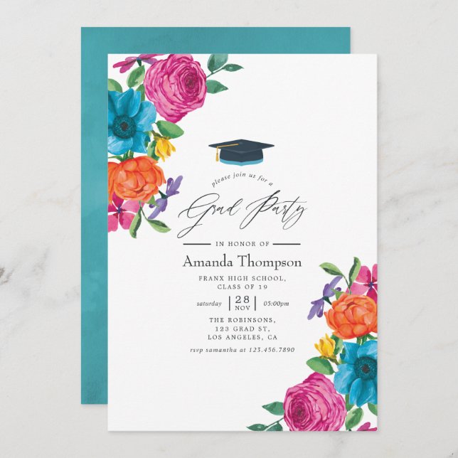 Watercolor Floral Fiesta Graduation Party Invitation (Front/Back)