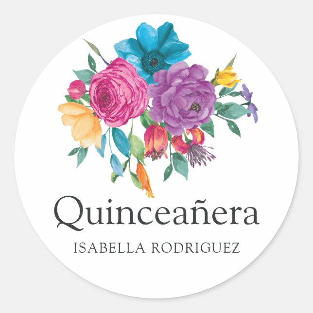 Watercolor Floral Fiesta Quinceañera Classic Round Sticker (Front)