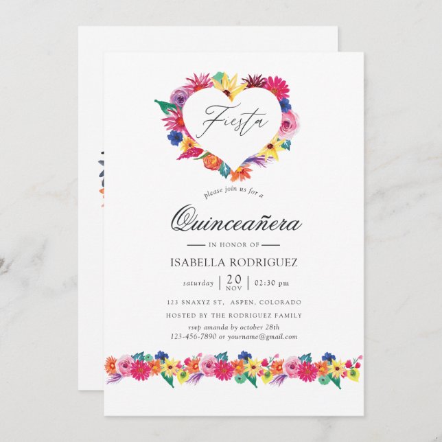 Watercolor Floral Fiesta Quinceañera Invitation (Front/Back)