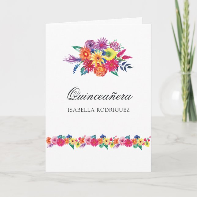 Watercolor Floral Fiesta Quinceañera Photo Invitation (Front)