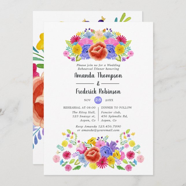 Watercolor Floral Fiesta Rehearsal Dinner Invitation (Front/Back)