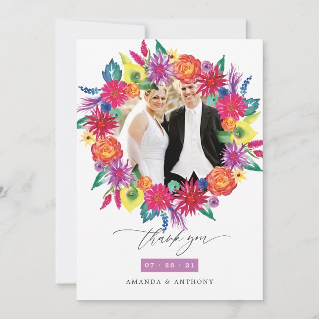 Watercolor Floral Fiesta Wedding Photo Thank You Card (Front)