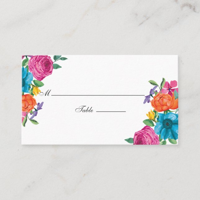 Watercolor Floral Fiesta Wedding Place Card (Front)