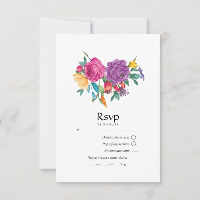 Watercolor Floral Fiesta Wedding RSVP Card (Front)