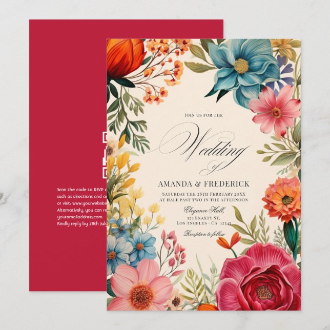 Watercolor Floral Fiesta Wedding with QR Code Invitation (Front/Back)