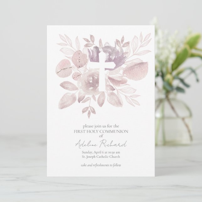 Watercolor Floral First Communion  Invitation (Standing Front)