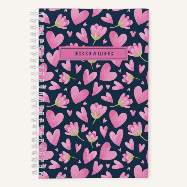 Watercolor Floral Flower Pattern Cute Pink Heart Notebook (Front)