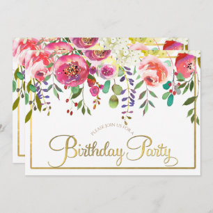 Watercolor Floral Flowers Modern Birthday Party Invitation