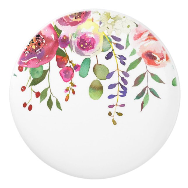 Watercolor Floral Flowers Modern Colourful Bold Ceramic Knob (Front)