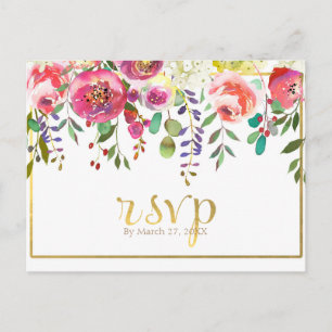Watercolor Floral Flowers Modern Gold Wedding RSVP Invitation Postcard