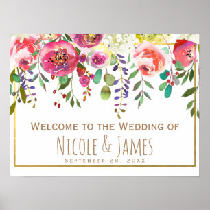 Watercolor Floral Flowers Modern Wedding Welcome Poster