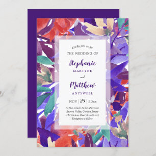 Watercolor Floral Foliage Coral Purple Wedding Invitation