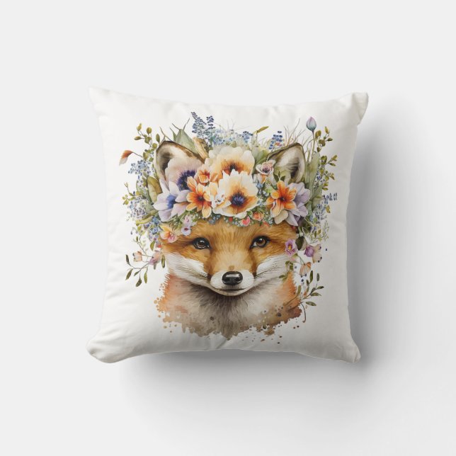 Watercolor Floral Fox Cute Cushion (Front)